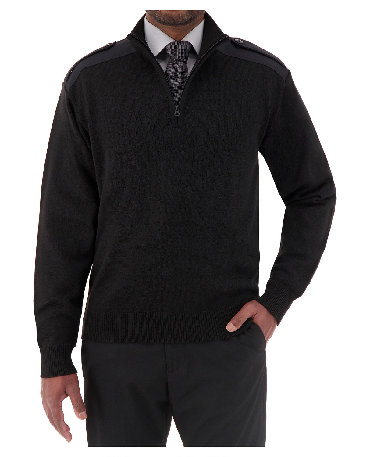 Cobmex - Quarter Zip Mockneck “Military” with Button Epaulets, Shoulder and Elbow Patches