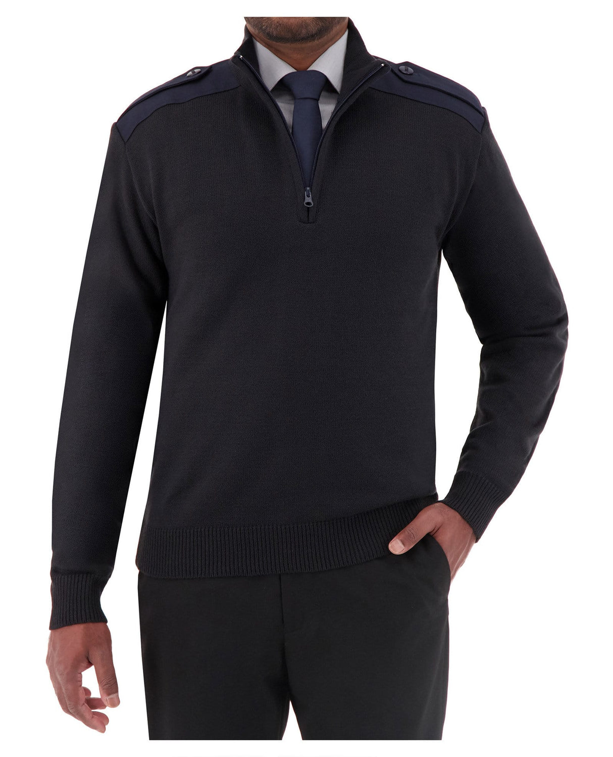 Cobmex - Quarter Zip Mockneck “Military” with Button Epaulets, Shoulder and Elbow Patches