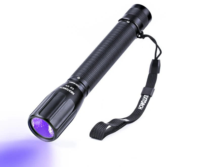 NEXTORCH - C2 flashlight UV version,405 nm wavelength. Powered by 2 x AA battery. IPX7 waterproof. Knurling anti-skid surface