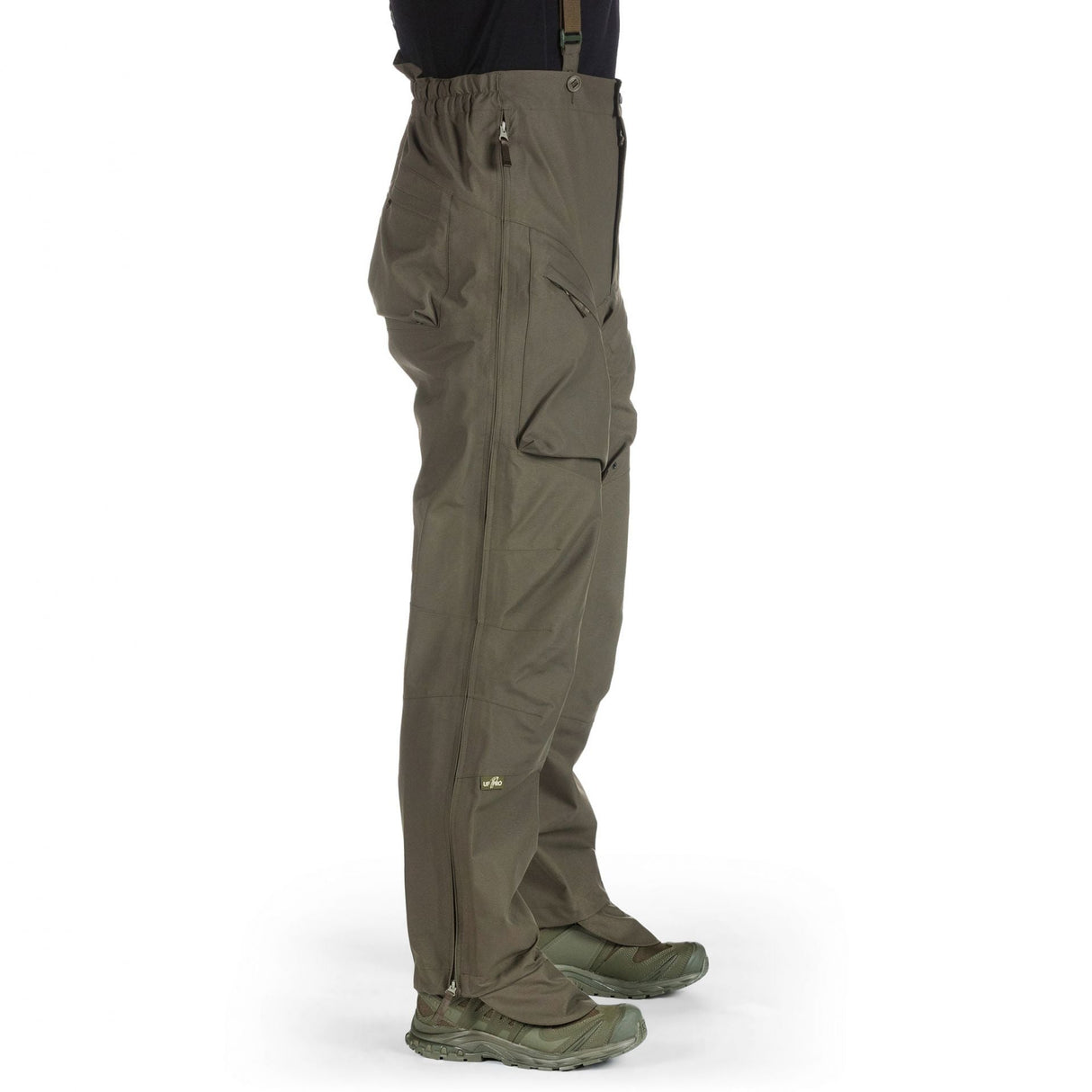 Waterproof Tactical Pants: Black outdoor pants with long YKK® side zippers for ventilation.