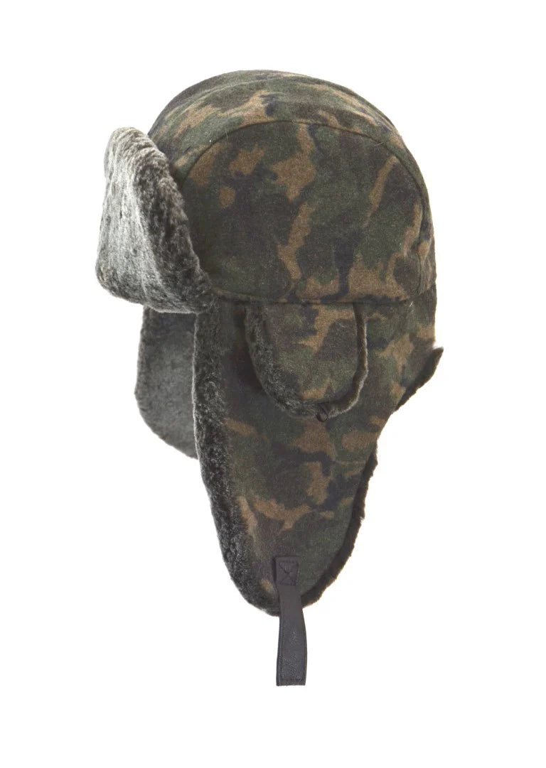 Crown Cap Shearling long aviator w/camo wool blend cover