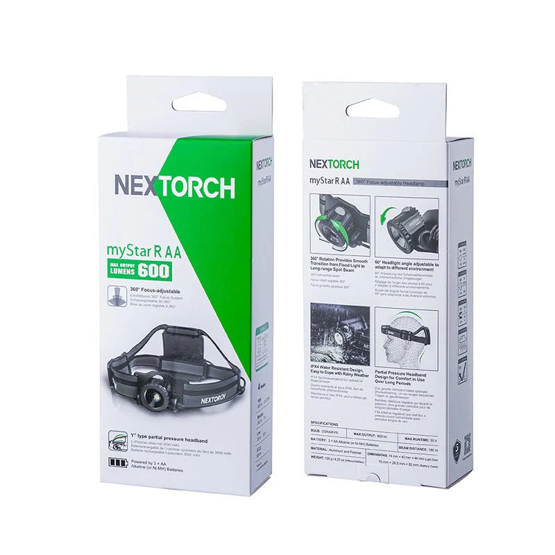 NexTorch - Lampe frontale, 600 lumens, LED OSRAM P9, rechargeable, pile AA